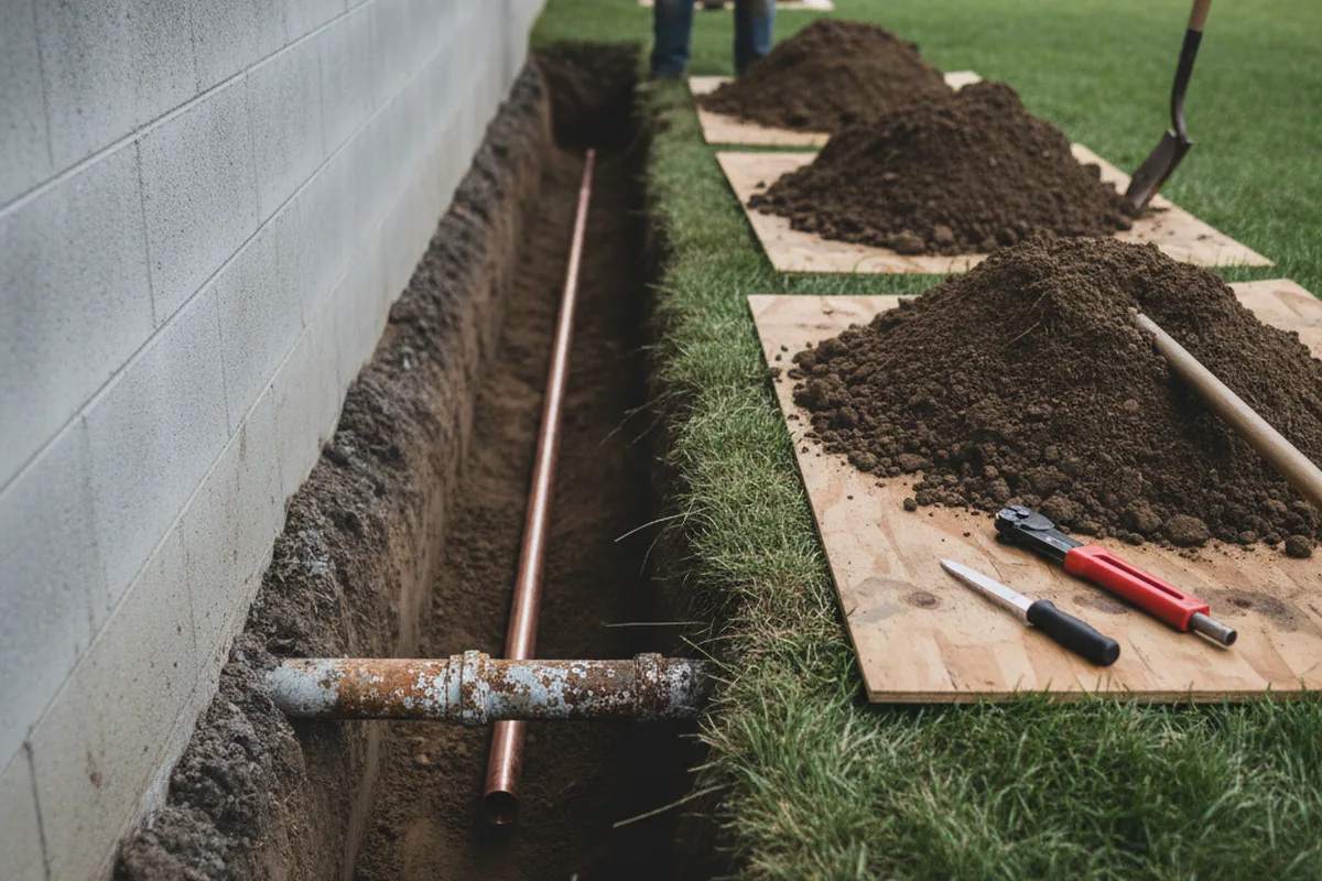 Excavated water line trench during Sewer Line Repair in Craig